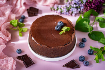 Chocolate cheesecake on a pink background. Sweet dessert. Close-up