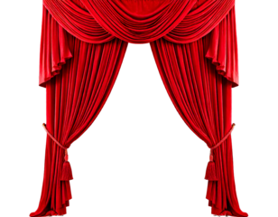 Red Curtain Draped Window Treatment with Tied Back Panels isolated on a transparent background