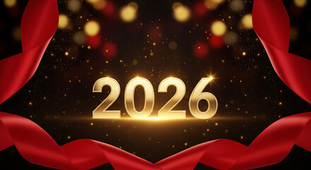 Cinematic New Year 2026 luxury background featuring metallic gold numerals, red satin ribbons and glowing golden sparkles on dark festive backdrop