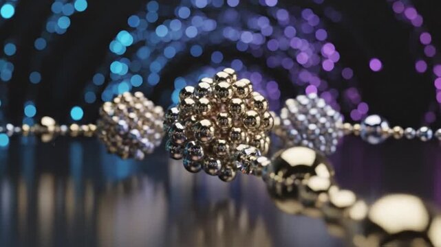 Abstract Connectivity: A mesmerizing macro perspective reveals intricate connections. Delicate spheres, meticulously linked in a shimmering chain.