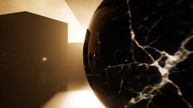 Sphere of Intrigue: A mesmerizing orb, its surface etched with intricate patterns, sits at the heart of an abstract setting, bathed in mysterious light and casting dramatic shadows. 