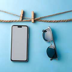 Smartphone with Blank Screen and Sunglasses Hanging on Clothesline Flat Lay on Blue Background.