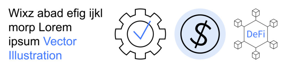 Obraz premium Blockchain, fintech, decentralized finance, digital currency, financial transaction, economy management. Symbols include gear, checkmark and dollar sign linking to blockchain design. Blockchain