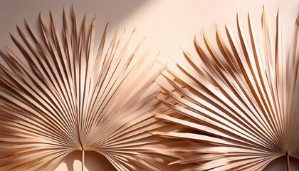 Obraz premium Delicate Fan Palm Leaves In Soft Beige Tones Casting A Shadow Against A Smooth Background