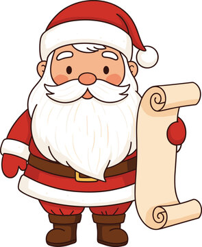 Cute Cartoon Santa Claus Holding Scroll Paper &ndash; Isolated on Transparent Background Christmas Vector