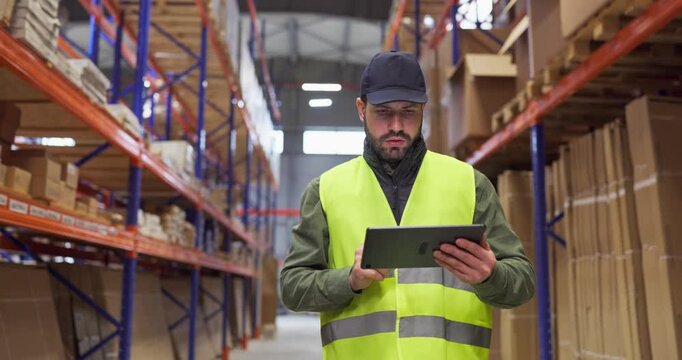 Warehouse worker uses tablet for inventory. He performs inspection of boxes on shelves, updating counts for accurate delivery, shipping and logistics. Strong concept of warehouse efficiency.