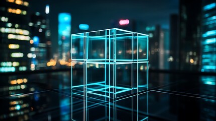 Futuristic abstract data cube glowing in night city background high resolution image