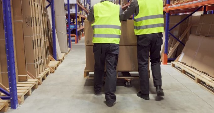 Workers in warehouse move boxes on pallet truck. Cargo moves along an aisle beside racking, ensuring timely delivery and safe handling for retail operations. Concept of logistics and teamwork.