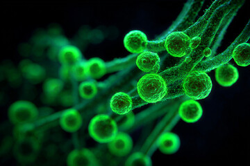 Abstract depiction of glowing green microscopic structures resembling cells or viruses