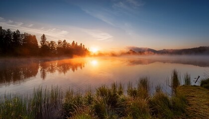 Fototapeta premium Misty Sunrise Over Calm Lake