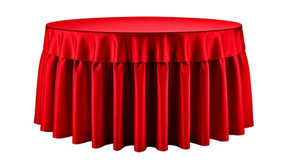 Red round table, with pleated skirt red tablecloth table covering, isolated on a white or tr.png