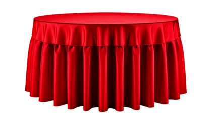 Red round table, with pleated skirt red tablecloth table covering, isolated on a white or tr.png