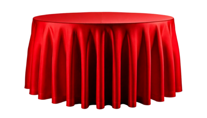 Red round table, with pleated skirt red tablecloth table covering, isolated on a white or tr.png