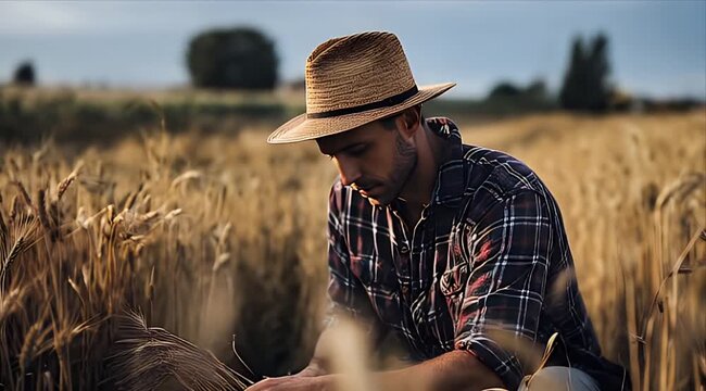 Golden Harvest: Farmer Inspecting Wheat Crop in Rural Field