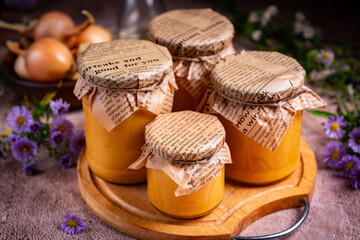 Zucchini caviar in jars - homemade preserves. Stewed vegetables in jars. Close-up