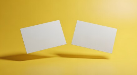 Floating white blank business cards on a vibrant yellow background with soft shadows