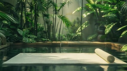 A tropical pool with a wooden terrace and green plants, a towel lying on the water, ideal for atmospheric backgrounds in spa salons or resort brochures.

