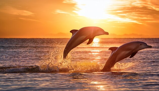 two dolphins leap joyfully from a shimmering ocean under a warm golden sunlight creating a serene and captivating aquatic scene