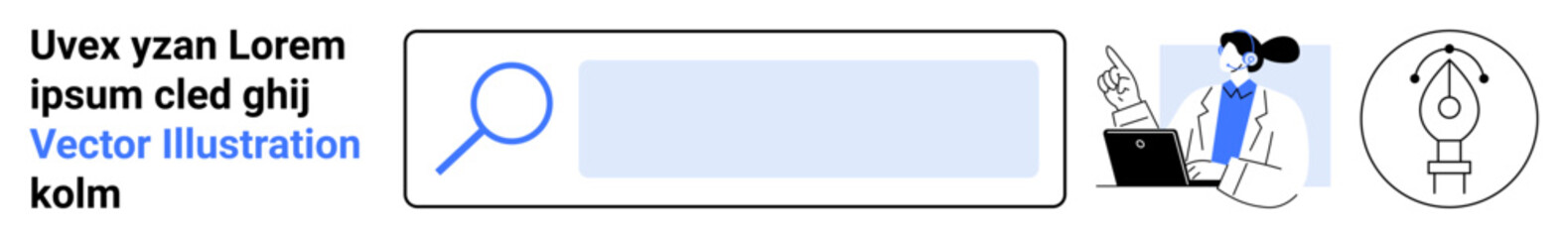 Obraz premium Digital search, data analysis, idea generation, online tools, business creativity, innovation concepts. Search bar with magnifying glass, analyst with laptop and lightbulb icon. Digital search