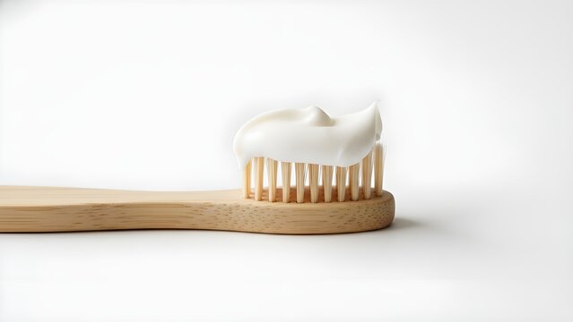 Sustainable bamboo wooden toothbrush with white toothpaste swirl on bristles over a clean white background