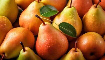 a pile of pears with a green stem