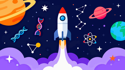 Rocket launch in space with planets and science symbols © KY
