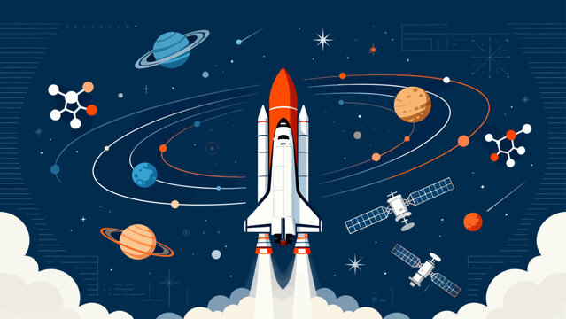 Space shuttle launch with planets and satellites