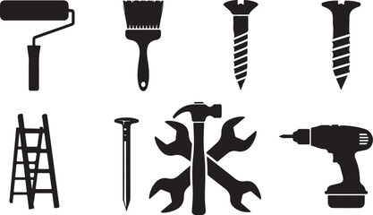 Black silhouettes of essential tools for home improvement projects