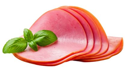 Stacked Slices of Pink Ham with Fresh Green Basil Leaves, isolated on a white or transparent.png