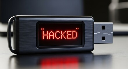 Hacked USB Flash Drive with Red HACKED Text Displayed with Data Breach Concept.
