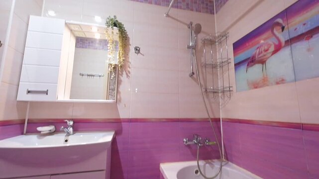 Compact bathroom with pink-tiled walls, white sink cabinet, mirror above sink, chrome towel rail, bathtub with shower hose, white toilet, neat and functional layout