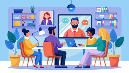 Flat vector illustration of remote team in video conference meeting, modern work culture concept.

