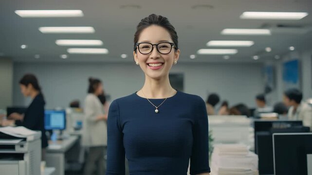 オフィスで勝利を喜びガッツポーズする女性の瞬間