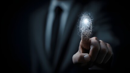 Digital fingerprint identification technology concept, futuristic touch screen interface, biometric security access.