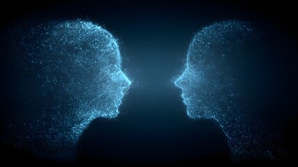 Digital Minds - Two Abstract Human Profiles Facing Each Other in a Futuristic Display.