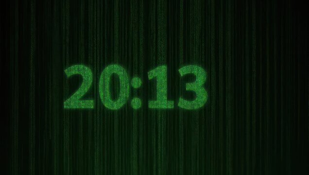 Digital Clock Displaying 20 -13 in Green Matrix Style. - Powered by Adobe