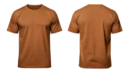 Tan Short Sleeve Crew Neck T Shirt Front and Back Views, isolated on a white or transparent