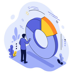 Businessman analyzing digital pie chart for data insights and visualization