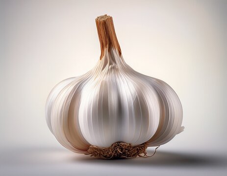a white garlic bulb with a brown stem