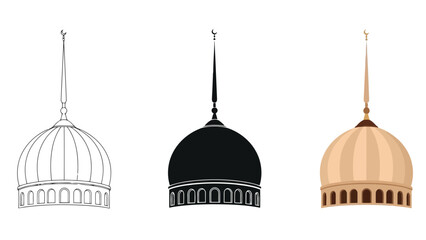 Obraz premium Islamic Mosque Dome in Three styles vector set line art, silhouette and color version For Ramadan, Eid and Islamic design