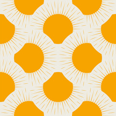 Abstract Orange Sunburst Seamless Pattern. Minimalist Bohemian Sun Ornament. Mid-Century Modern Wallpaper. Retro 70s Style Background.