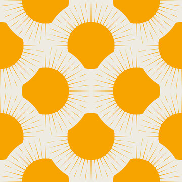 Abstract Orange Sunburst Seamless Pattern. Minimalist Bohemian Sun Ornament. Mid-Century Modern Wallpaper. Retro 70s Style Background.