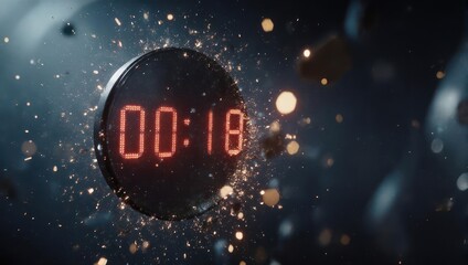 Digital countdown timer exploding into glowing particles.