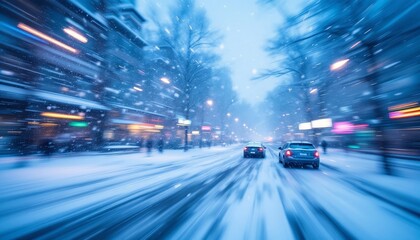 Snow-covered urban street with blurred motion of cars driving in a heavy snowfall