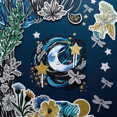 Dreamy Moon with Delicate Floral and Dragonfly Accents