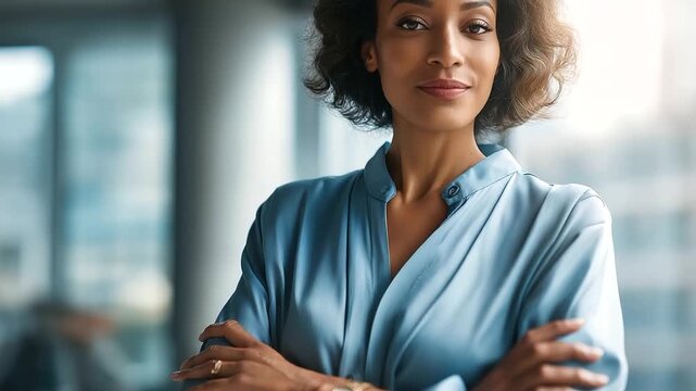 of confident accomplished professional with crossed arms faceless Black businesswoman defocused modern