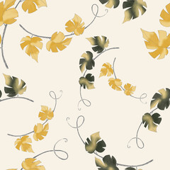 Grape branches. Floral seamless pattern of twigs in yellow and moss colors on a soft sand background. Digital drawing.