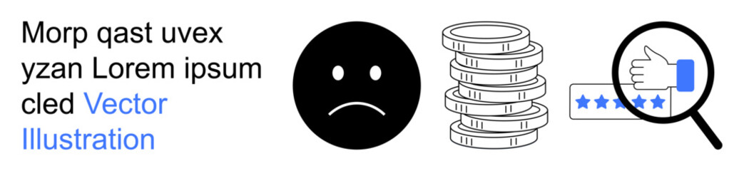 Fototapeta premium Consumer behavior, financial loss, customer feedback, business evaluation, online reviews, quality control. Sad face, coin stack magnifying glass over a thumbs-down rating. Financial loss