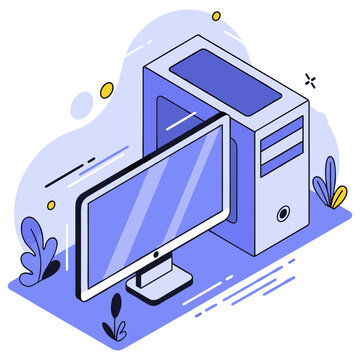 Isometric computer setup with monitor and tower in modern style