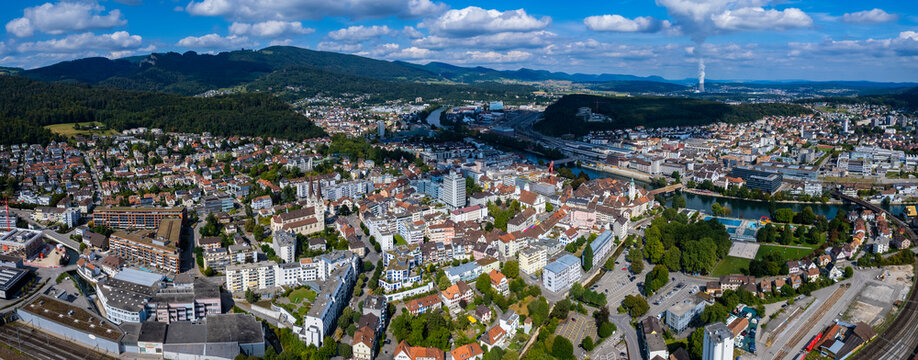 Aerial view of the city Olten in Switzerland on a sunny morning day in summer